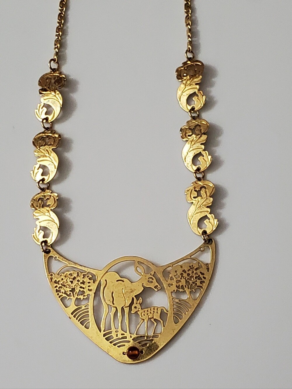Vintage Wild Bryde Deer Mom And Fawn Necklace RARE nature Fall Gold Plated Stone
